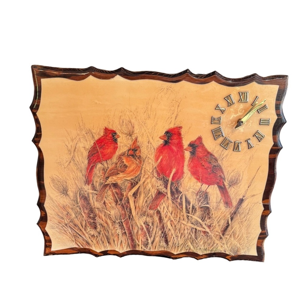 Vintage Large Wood Plaque Wall Clock Red Cardinals Birds Nature Roman Numerals